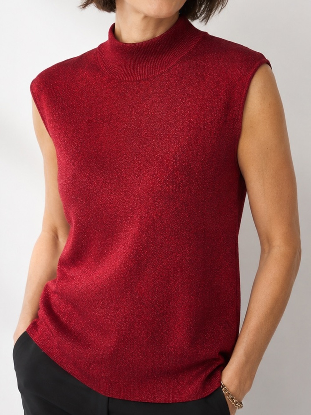 Coldwater Creek Metallic Knit Sleeveless Mock Neck in Red